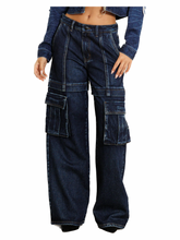Load image into Gallery viewer, Wide Leg Cargo Blue Denim Jeans