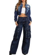 Load image into Gallery viewer, Wide Leg Cargo Blue Denim Jeans