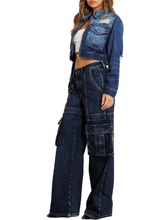 Load image into Gallery viewer, Wide Leg Cargo Blue Denim Jeans
