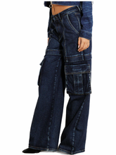 Load image into Gallery viewer, Wide Leg Cargo Blue Denim Jeans
